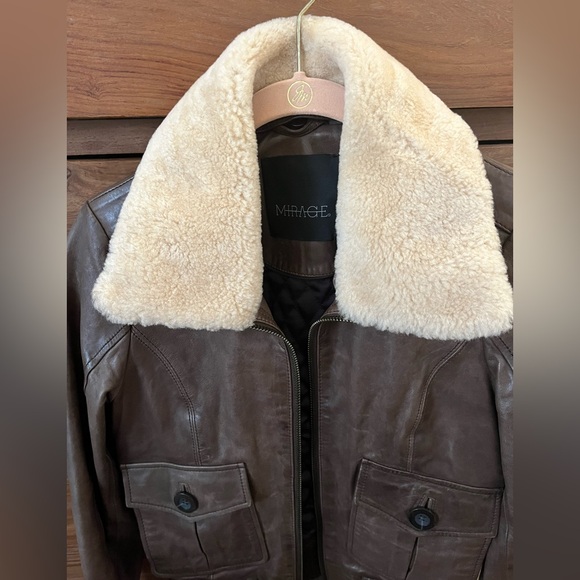 100% genuine brown leather bomber aviator jacket removable shearling collar - Picture 8 of 14